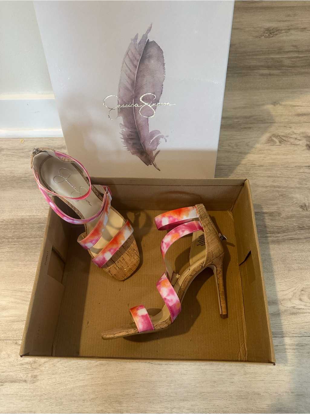 Jessica Simpson Pink And Orange Tie-Dye Cork Strappy Heels Size 7
